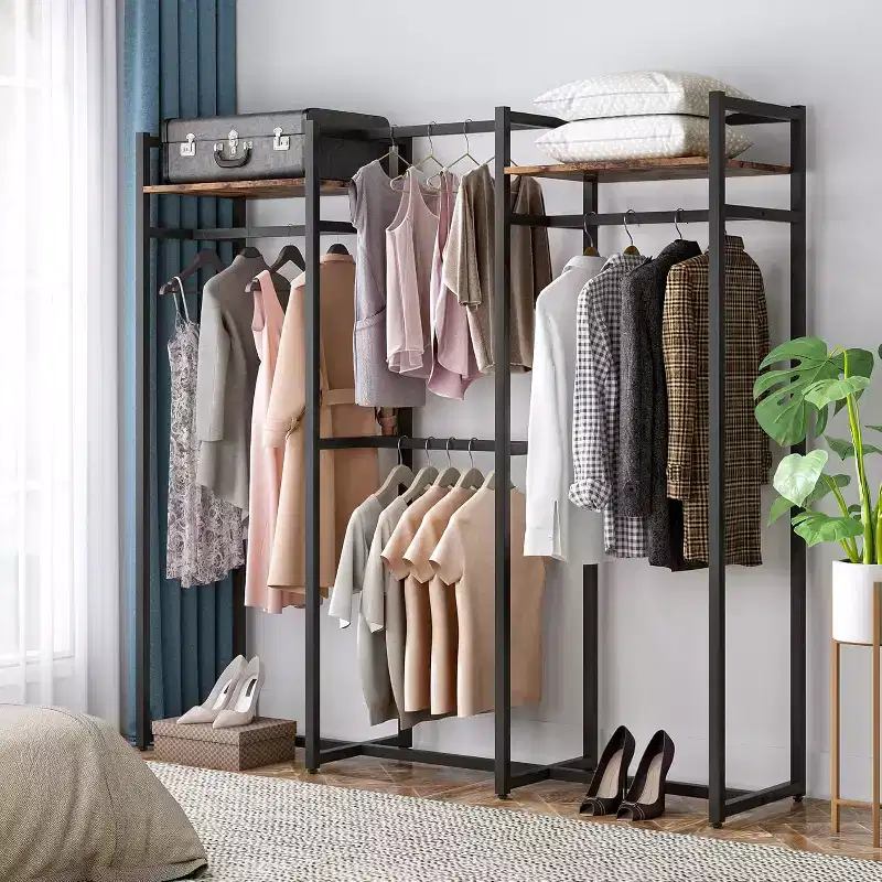 Lantine Garment Rack, Free Standing Closet Organizer with Shelves and Hanging Rod, Large Metal Clothing Rack for Hallway, Bedroom
