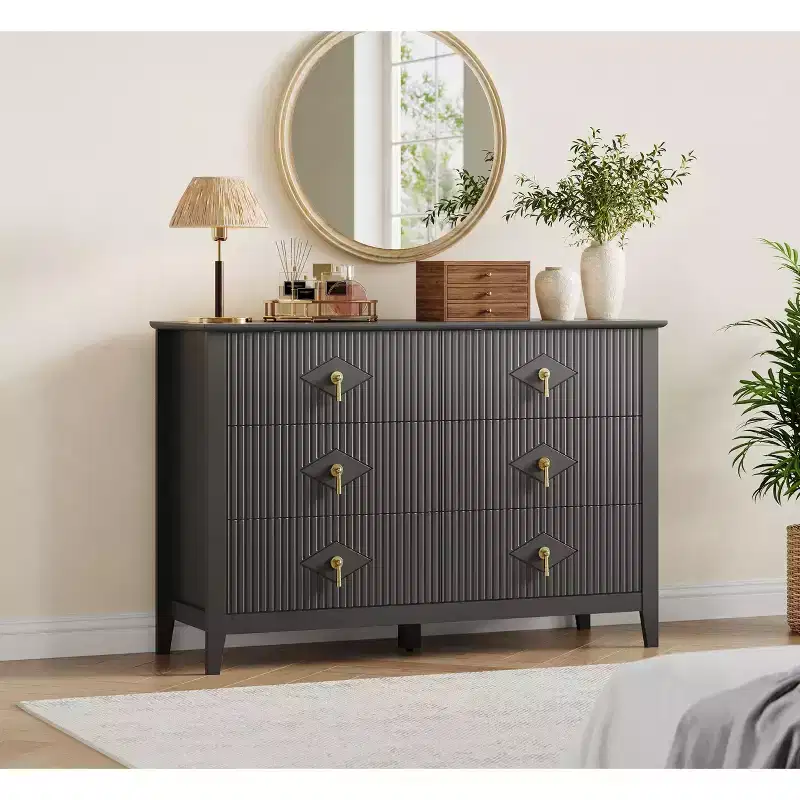 48 Wide 6-Drawer Dresser, Modern Chest with Metal Handles for Bedroom Storage, Black