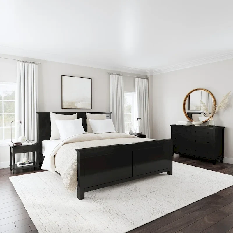 Black Wood King Bed, Two Nightstands and Dresser