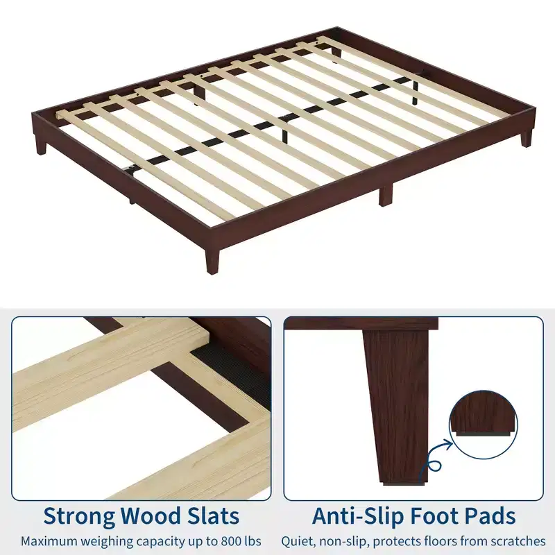Queen Size Wooden Bed Frame, 9 Inch Sturdy Wood Platform with Wood Slats, Noise-Free, Easy Assembly, No Box Spring Needed, Dark Walnut (No Headboard)