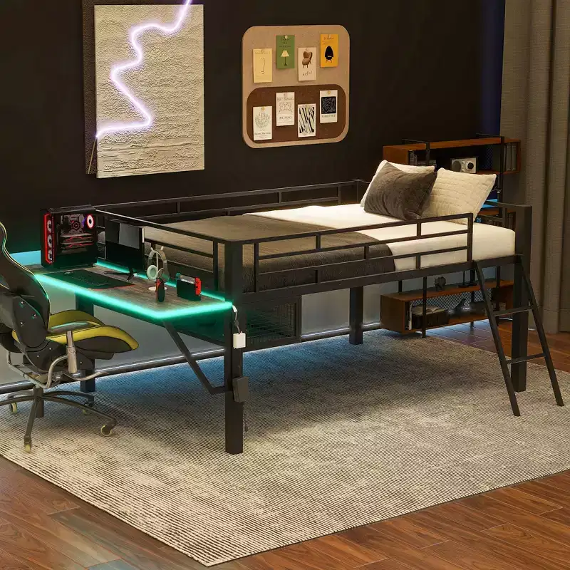 92.8''L X 41.7''W Gaming Style Black Metal Loft Bed With Built In Desk, Ladder And Shelf