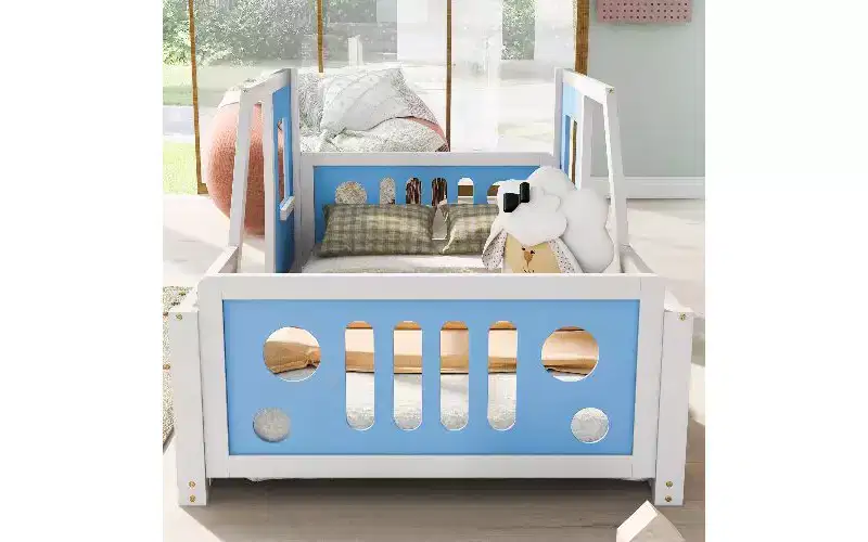 TUYOHW Twin Size Floor Bed Frame, Classic Car-Shaped Platform Bed Frame with Decorative Wheels & Side Doors, Sturdy Pine Wood Kids Bed Toddler Bed
