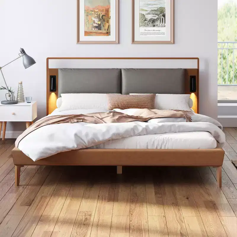 Full/Queen/King Wood Platform Bed Frame with PU Upholstered Headboard & 2 Night Lights, Brown + Gray