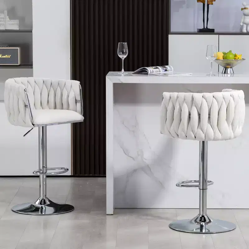 Okak Luxury Velvet Swivel Bar Stools Set of 2, Adjustable Counter Height Bar Chairs with Woven Back & Footrest for Kitchen Island, Cafe, Pub