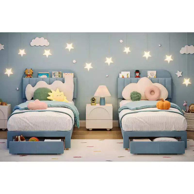 Twin Upholstered Platform Bed for Kids, Light Blue, w/ Storage Drawer & Bookcase Headboard, Wood Slats, Noise-Free, No Box Spring, Easy Assembly