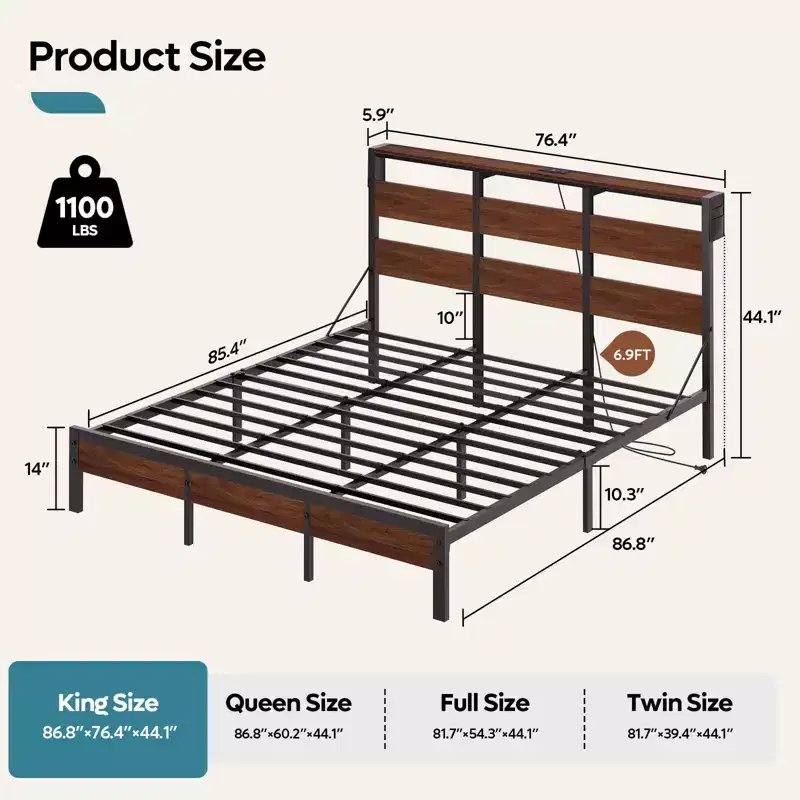 Queen Bed Frame with LED, Metal Platform Bed with Storage Headboard & Charging Station, Walnut