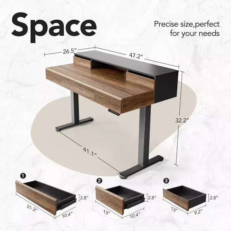 Standing Desk with Drawers, 48 Inches Electric Height Adjustable Desk with Storage, Whole Piece Board Sit Stand Up Desk with Monitor Shelf