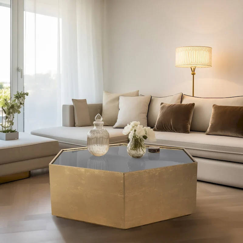 Glam Modern Wood Gold Hexagon Glass Top Coffee Table - 48 x 42 x 16
