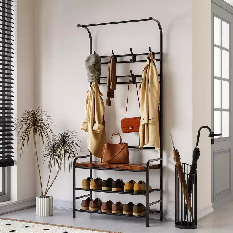 4-in-1 Hall Tree Shoe Bench  Entryway Coat Rack with 8 Hooks for Small Spaces