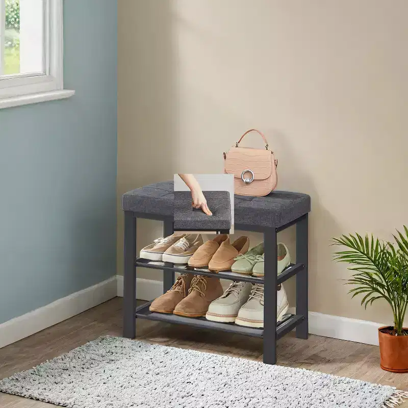 Entryway Shoe Bench with Cushion & Linen Seat - Metal Frame