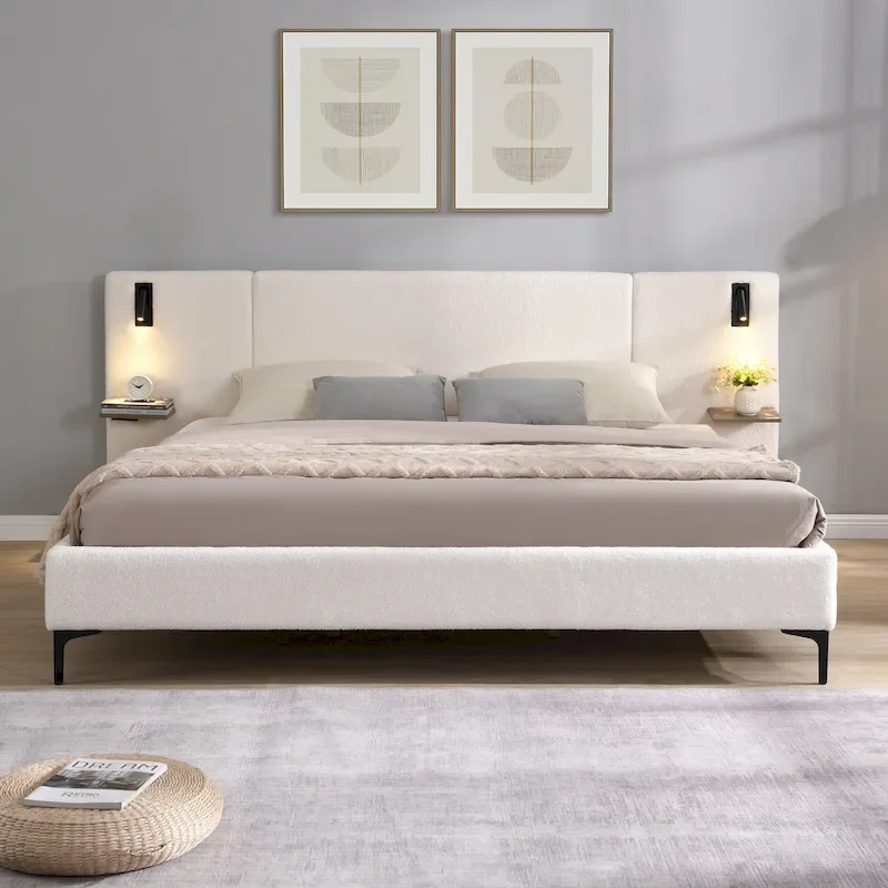 White Boucle Upholstered King Bed with Lights & Shelving, for 2