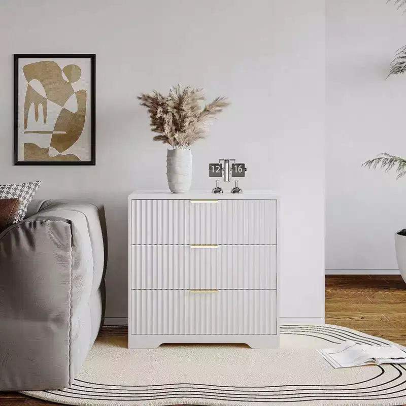 27 Inch Wide White Nightstand 3 Drawers Modern Fluted Wood Bedside Table Large Storage Accent Cabinet Dresser For Bedroom Living Room Home Furniture