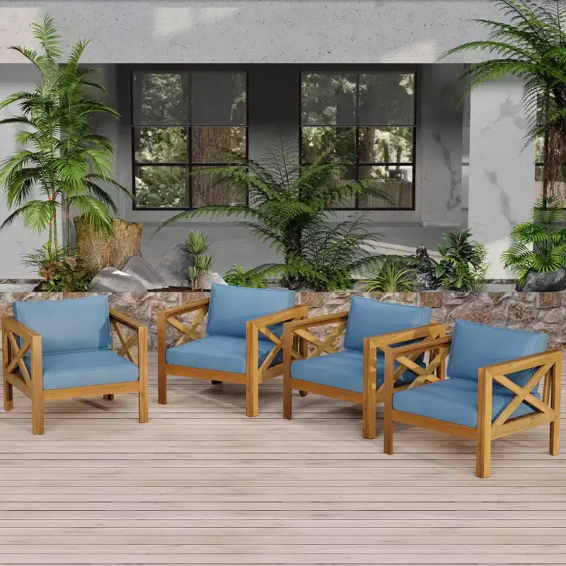 Set of 4 Outdoor Acacia Wood Armchairs with Cushions, Patio Conversation Chairs, Wood Outdoor Seating for Backyard, Deck & Garden-Panipeachy