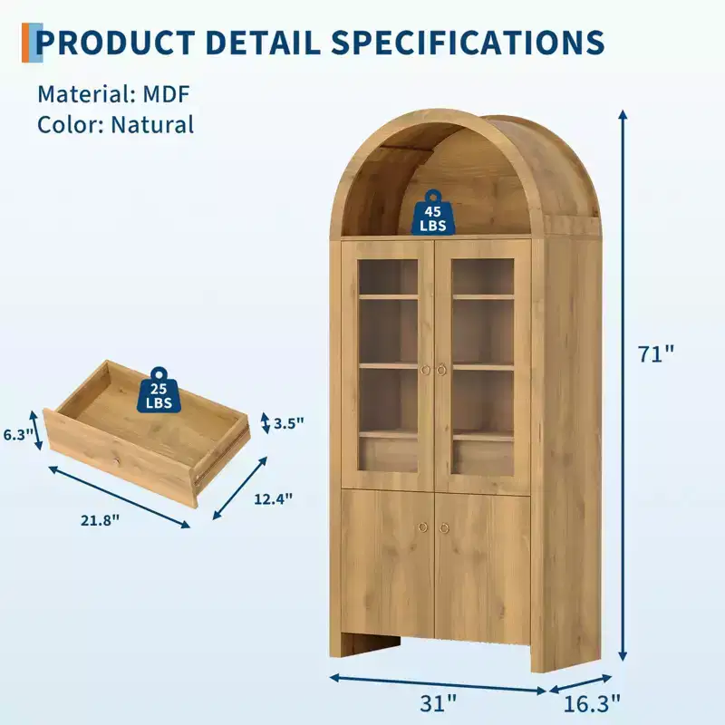 71 Inch Tall Arched Kitchen Pantry Cabinet, Farmhouse Living Room Storage Cabinet with Drawer, Shelves & Glass Doors, for Dining Room Apartment