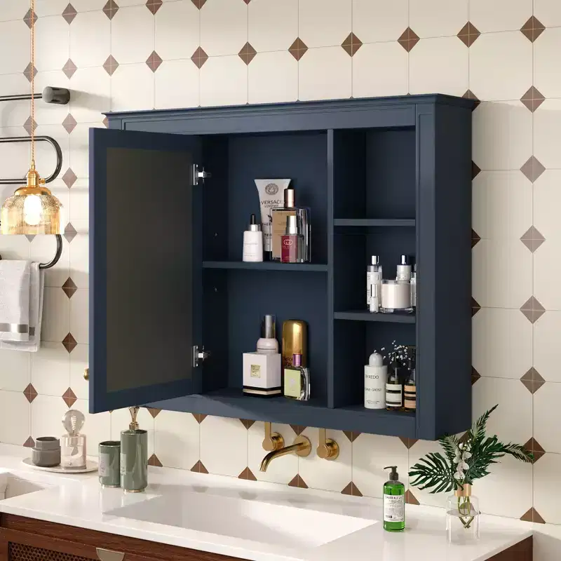 MAYEERTY 27.5 Medicine Cabinet, Wall Mounted Bathroom Storage Cabinet with Mirror 6 Open Shelves Modern Blue