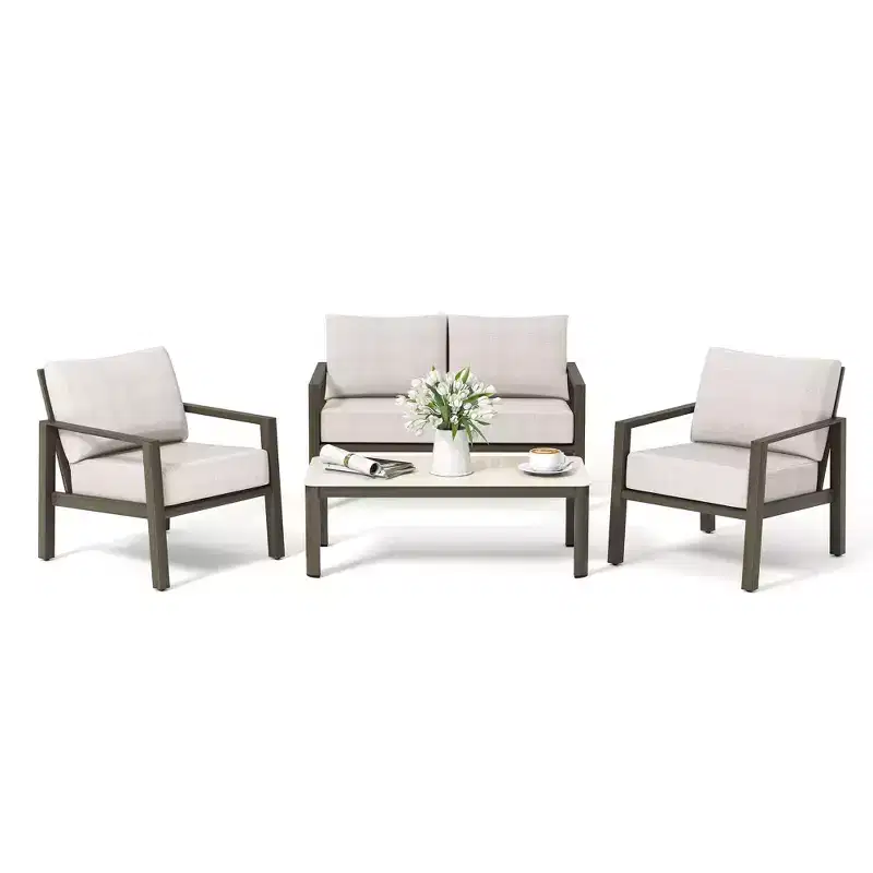 HAPPATIO Patio Conversation Set, 4-Piece Aluminum Oversized Patio Furniture Set with Rope Woven Backrest for Yard, Porch, Balcony