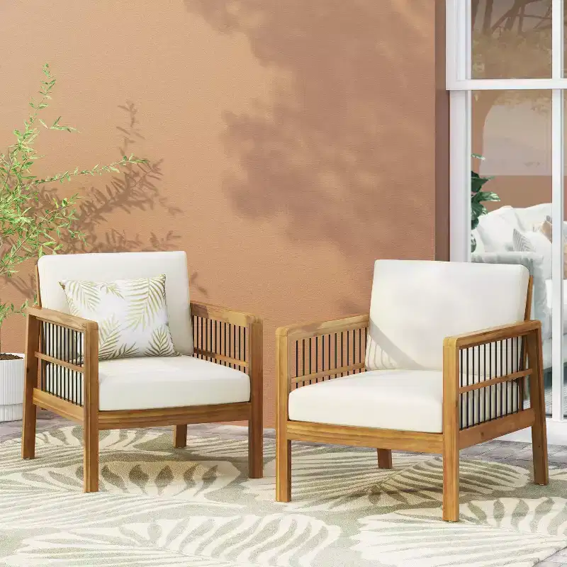 Christopher Knight Home Elias Outdoor Acacia Wood and Iron Club Chair with Cushions