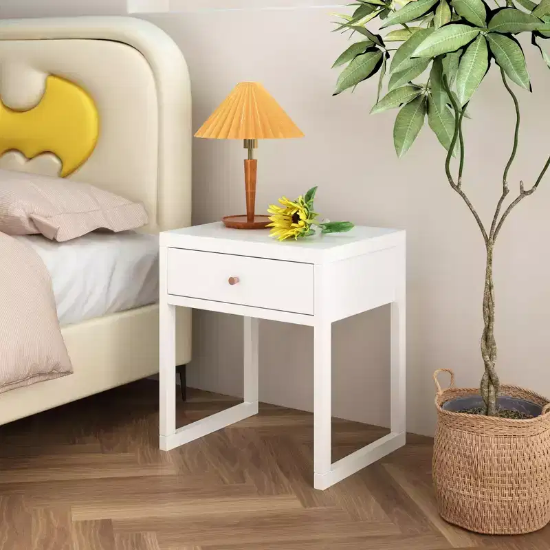 Minimalist Nightstand with Drawer Storage, Round/Cylinder Profile, White