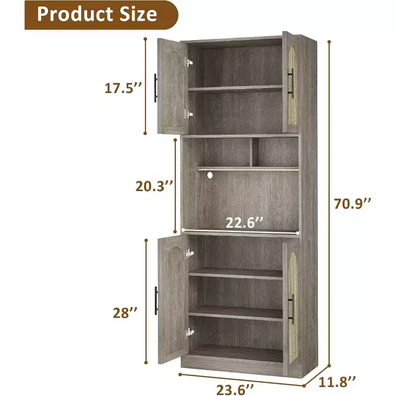 71 Pantry Cabinet, Tall Kitchen Hutch with Led Lights, Freestanding Kitchen Cabinet with Microwave Shelf, for Dining Room, Bathroom, Living Room