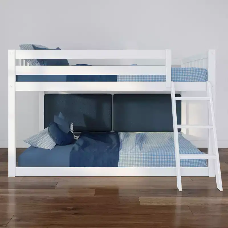 Low Twin over Twin Bunk Bed with 2 Floating Boucle Headboards, Solid Pine