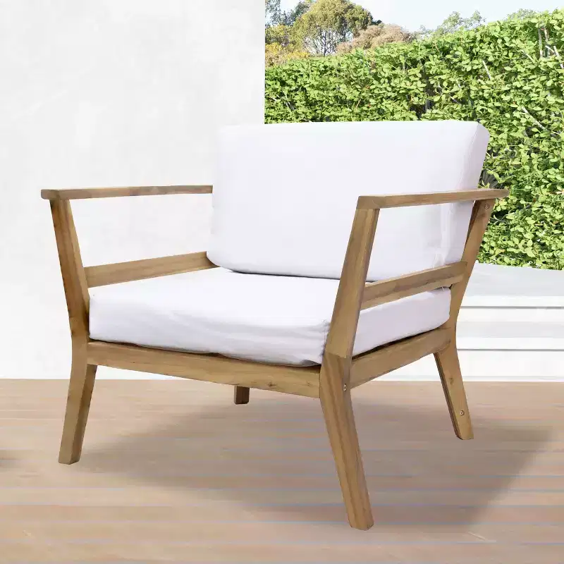 Sunnydaze Bodie Acacia Wood Patio Armchair with Bone White Cushions - Natural