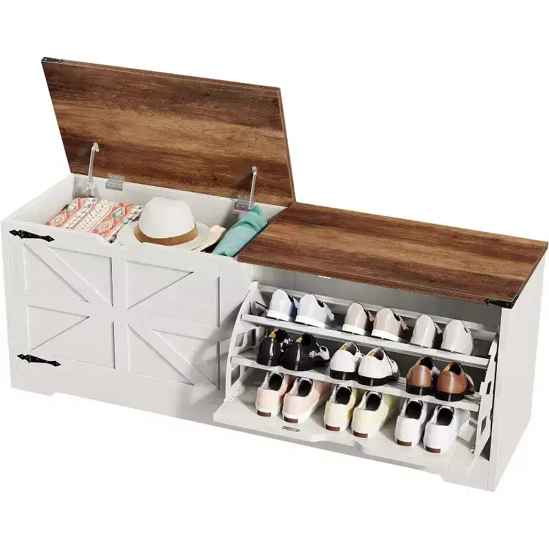 Shoe Storage Bench Shoe Cabinet with Flip Drawer and Flip-Top Storage White or Dark Rustic