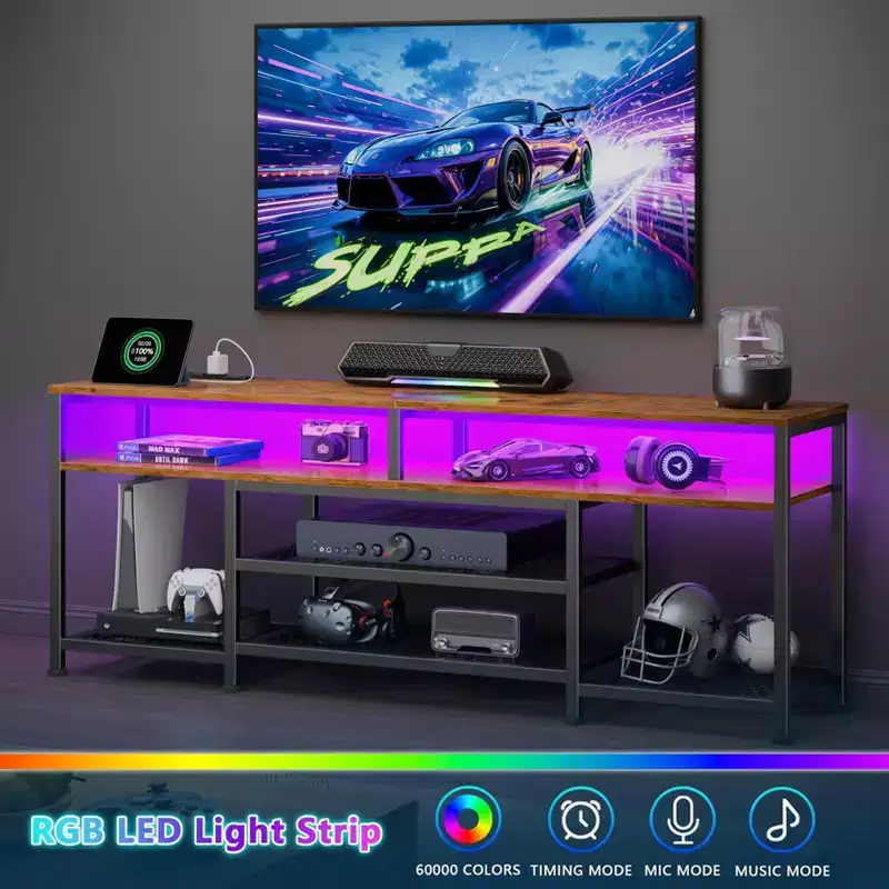63 Inch Rustic Brown TV Stand with Charging Station LED Lights Entertainment Center for TVs up to 70 Inch Media Console Storage Shelves Living Room