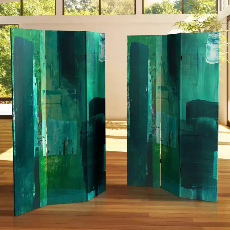6" Double Sided Undersea Canvas Room Divider Green - Oriental Furniture: Adjustable 3-Panel, Spruce Wood Frame, No Assembly Required