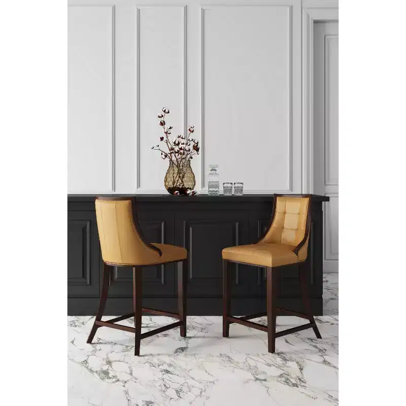 Manhattan Comfort Set of 2 Fifth Ave Upholstered Beech Wood Counter Height Barstools Camel: Faux Leather, No Assembly Required