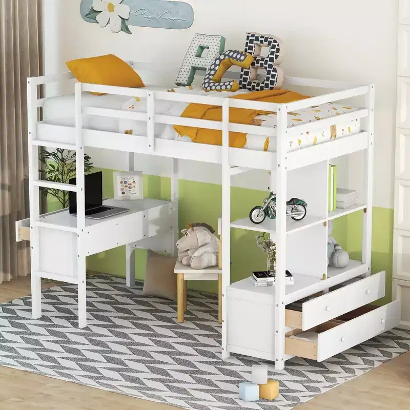 78.20''L 57.50''W Wood Loft Bed with Built-in Desk with Two Drawers, Storage Shelves and Drawers