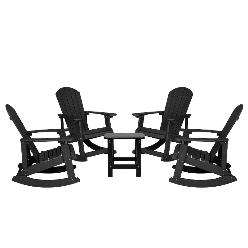 Flash Furniture Set of 4 Savannah All-Weather Poly Resin Wood Adirondack Rocking Chairs with Side Table