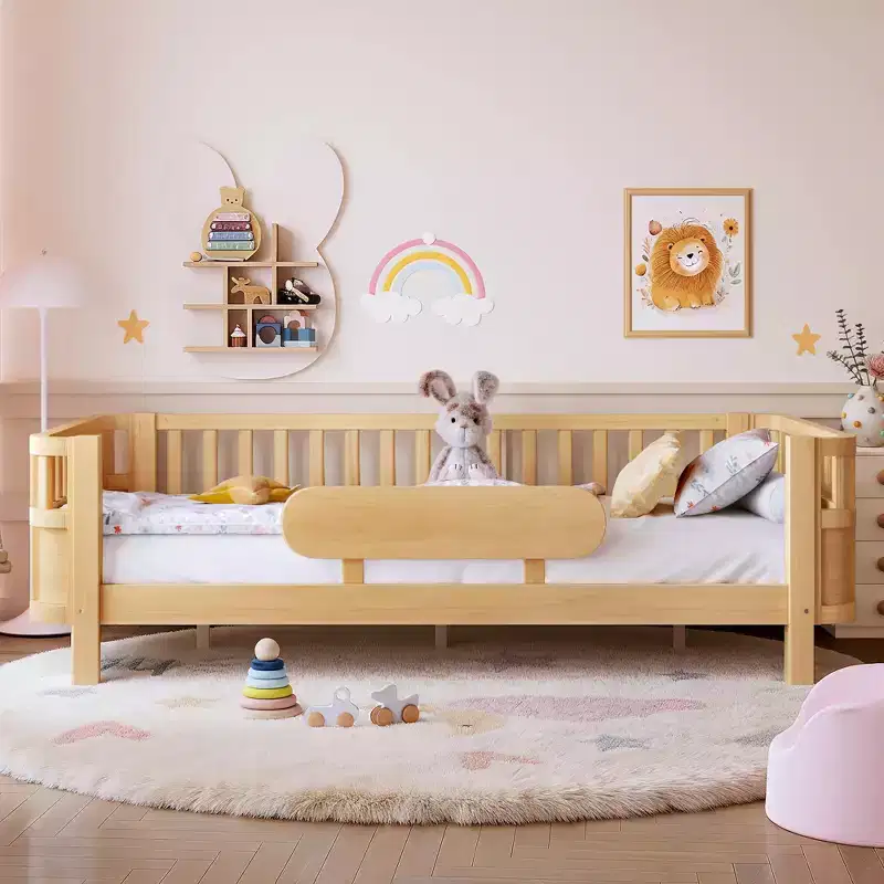 Modern Wood Platform Bed with Detachable Guardrails for Kids, Flexible Open/Enclosed Modes