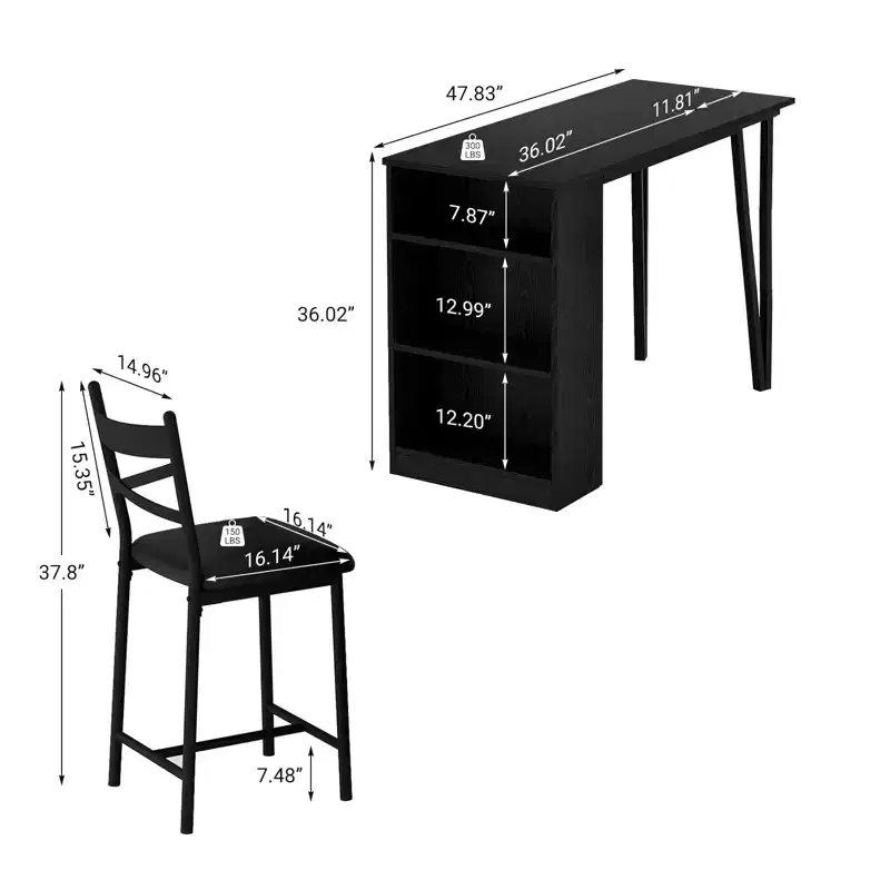Dining Table Set for 2, Kitchen Bar Table and Chairs, High Top Kitchen Bar Table with 3 Tier Storage Shelves & 2 Stool, for Restaurants Bistros