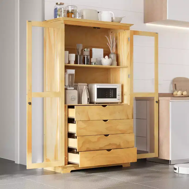 TOPMAX 44.7x20x75inch Kitchen Pantry, Freestanding Kitchen Storage Cabinet Display Cabinet with Glass Doors and 4 Built-in Drawers for Living Room