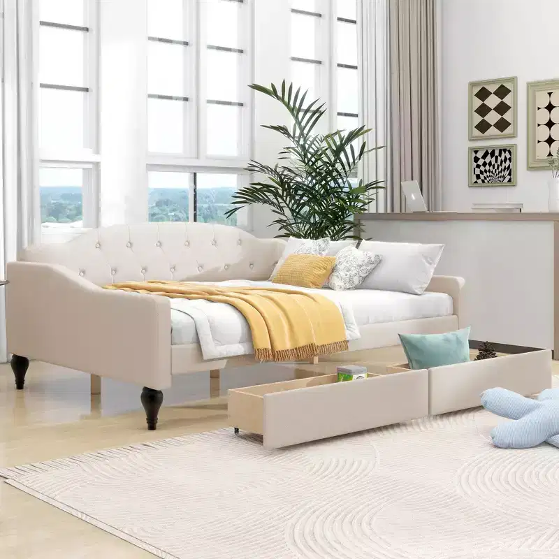 Full Size Upholstered Daybed with 2 Drawers and Button Tufted Backrest, Beige