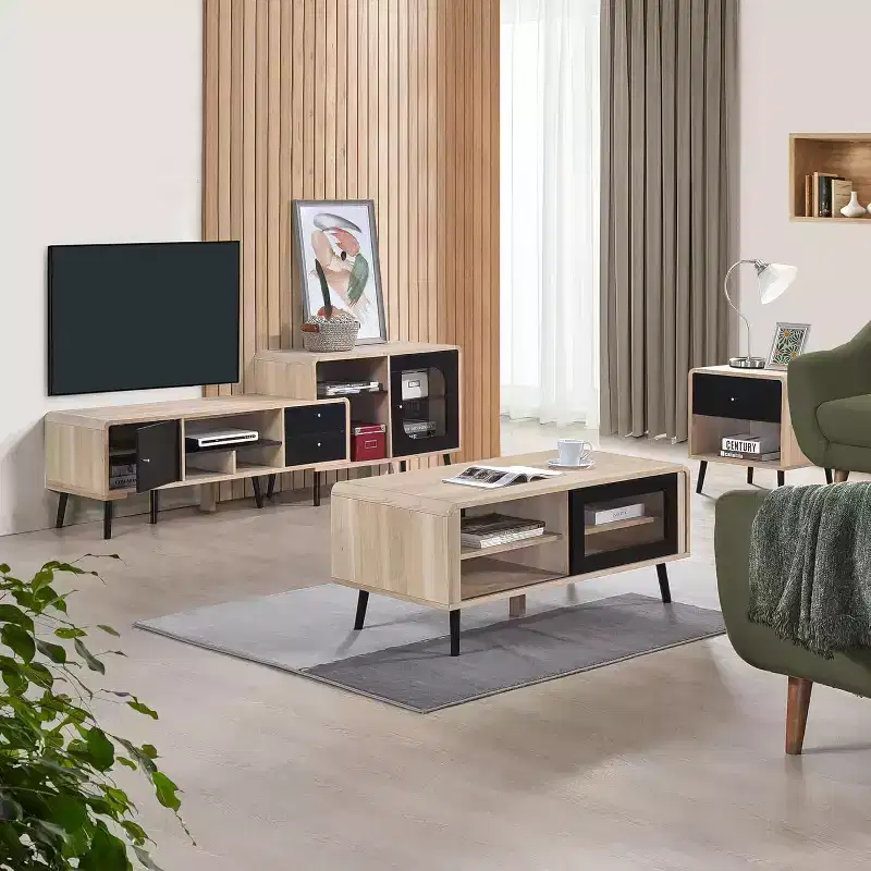Kings Brand Furniture Nathan 3-Piece Living Room Set with TV Stand, Coffee Table & End Table, Modern Storage & Organization, Oak/Black Finish