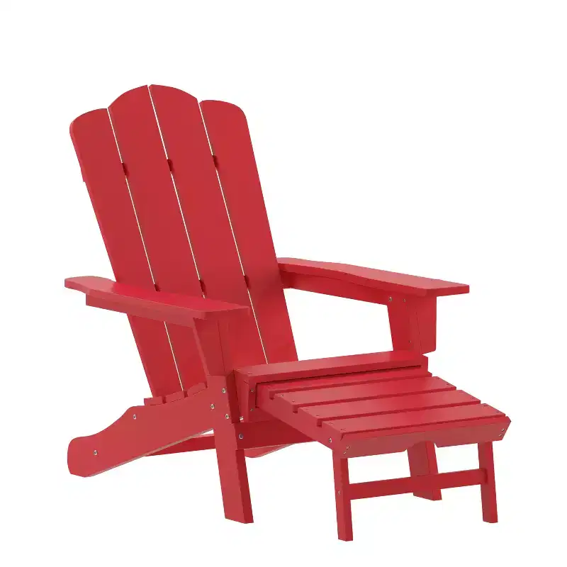 Emma and Oliver Set of 2 Adirondack Chairs with Cup Holders and Pull Out Ottoman, All-Weather HDPE Indoor/Outdoor Lounge Chairs