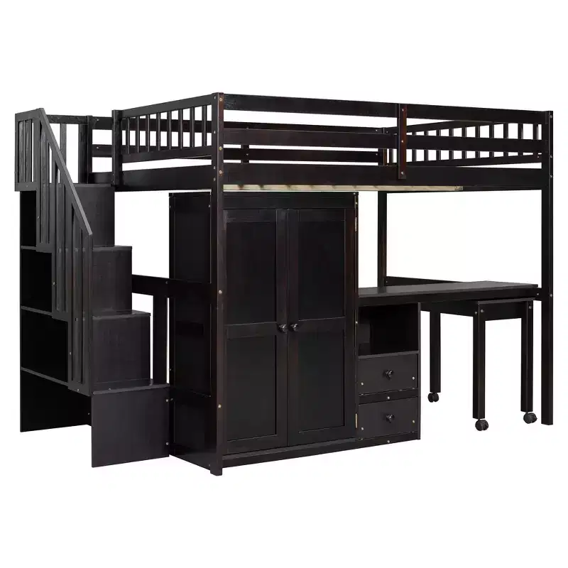 Full Size Loft Bed Frame with Stairs, Bookshelf, Drawers, Desk & Wardrobe, Space-Saving Multifunctional Furniture for Kids & Teens