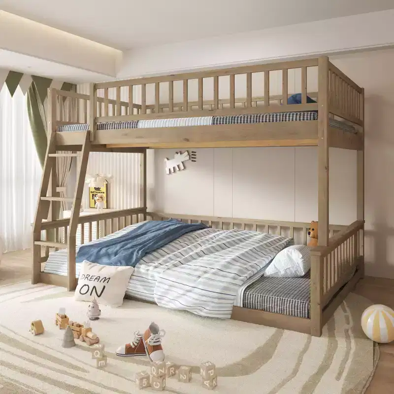 Okak Wooden Full Size Floor Bunk Bed, Kids Bunk Beds with Ladder and Safety Guardrails, Twin Bunk Beds for Kids, Teenagers