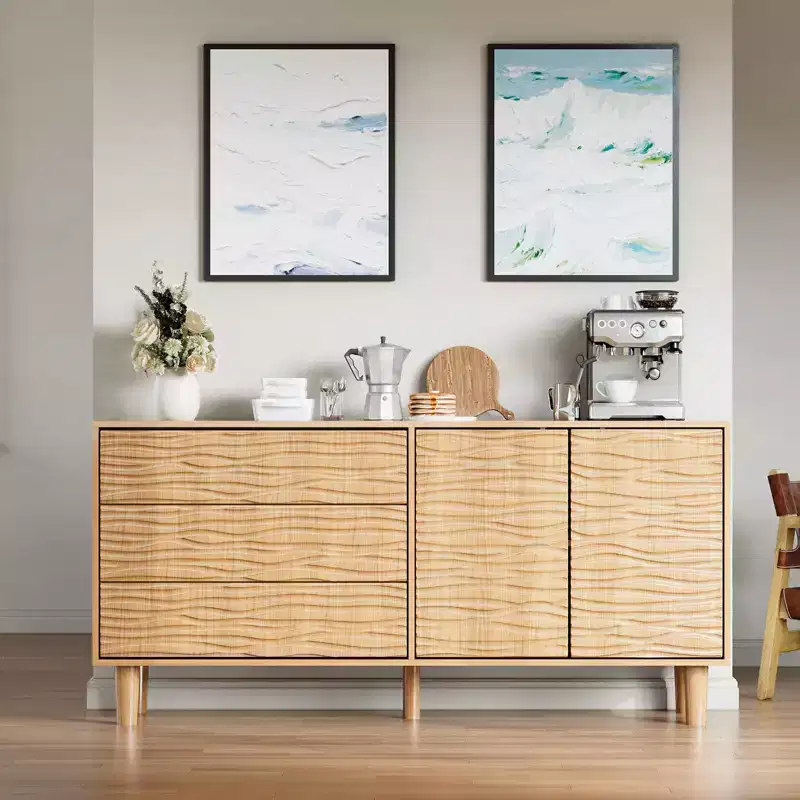 61 Mid Century Sideboard Buffet Cabinet with Undulating Groove - 3 Drawers & Adjustable Shelf for Kitchen Dining Living Room - Teak Brown