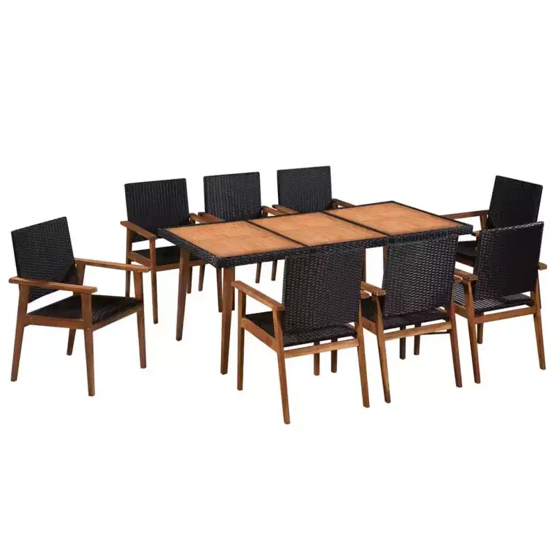 vidaXL 9 Piece Outdoor Dining Set in Poly Rattan - Black and Brown - Includes Large Dining Table and 8 Chairs - Retro Style Patio Furniture