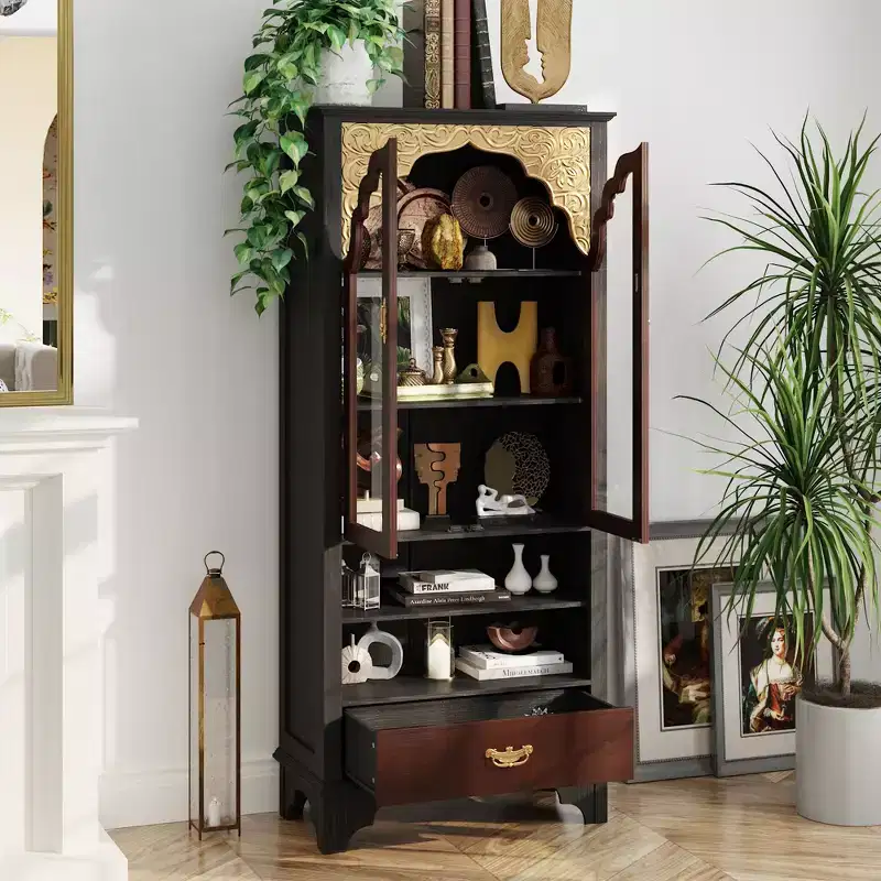 Famapy Vintage Luxury Storage Cabinet Bookcase Pantry: Intricate Carvings,Gold Accents,Glass Doors  Elevate Your Space