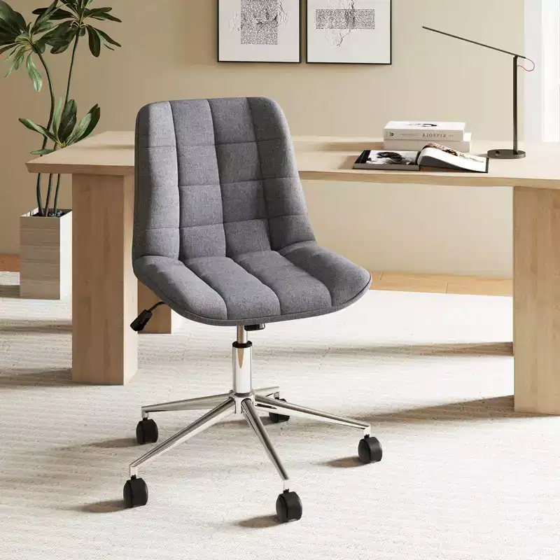 Upholstered Armless Office Chair with Adjustable Height & Wheels, Gray/White