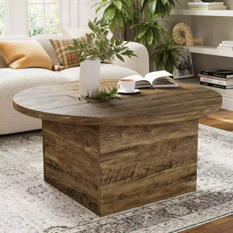35-Inch Round Engineered Wood Coffee Table for Living Room, Mid-Century Modern, White