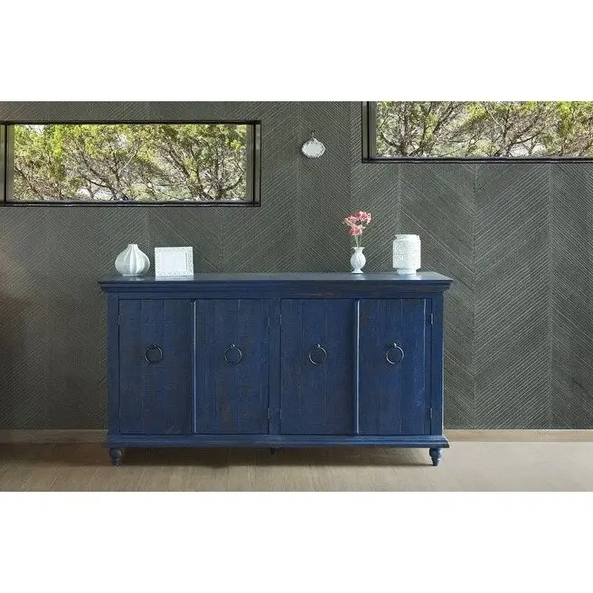4-Door Solid Pine Sideboard with Wrought Iron Handles – Blue, Distressed Finish, Turned Wood Feet