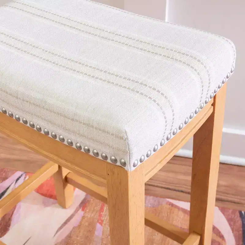 Counter Height Barstool Rustic Brown Natural Linen Upholstered Backless