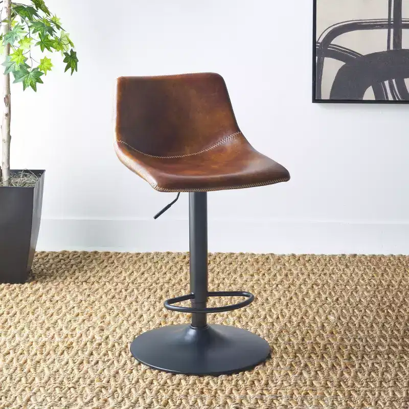 Adjustable Bar Stool, Iron Frame, PU Leather Seat, 360° Swivel, Footrest, 275LBS