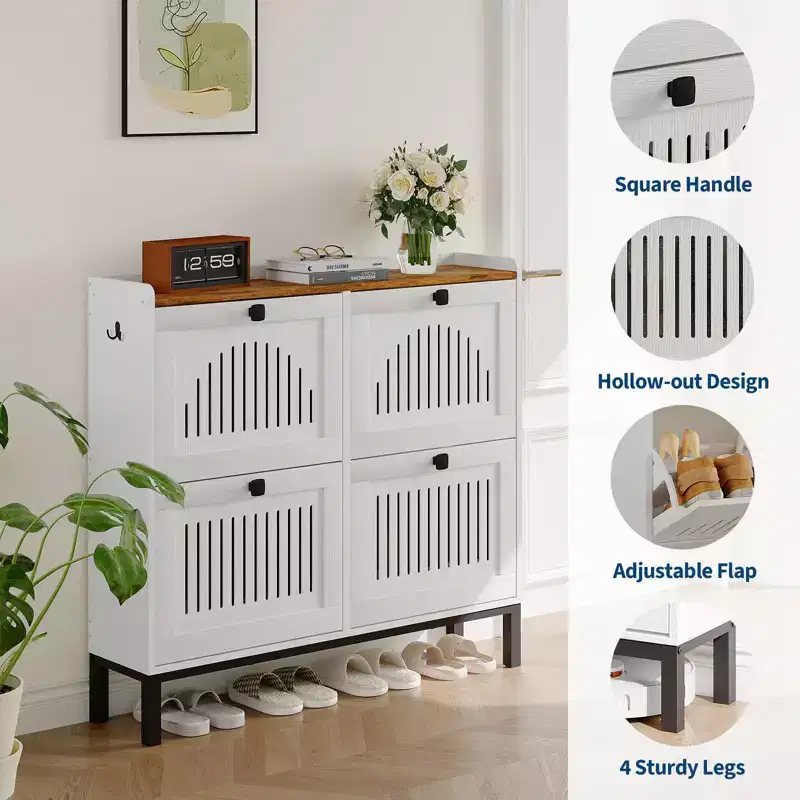 Shoe Storage Cabinet with 4 Flip Drawer, Shoes Organizer with Hollow Out Panel & Black Square Handles, Adjustable Shoe Rack for Entryway Living Room