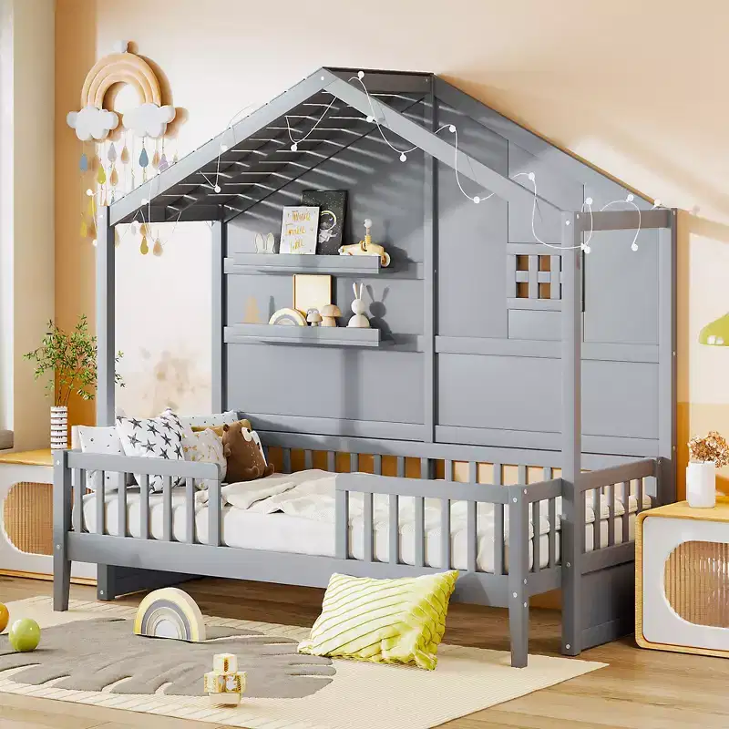 Twin Size House Bed with Storage Shelves, Rails, Window & Sparkling Light Strip, Wood Montessori Kids Bed