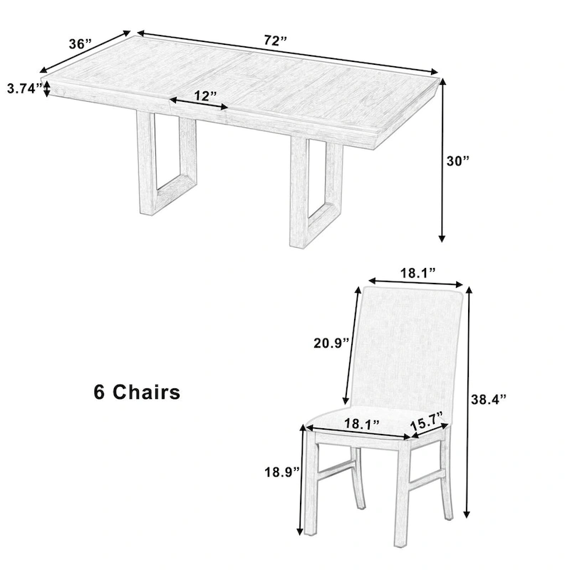 7-Piece 72 Extendable Dining Table Set w/ Butterfly Leaf and 6 Chairs